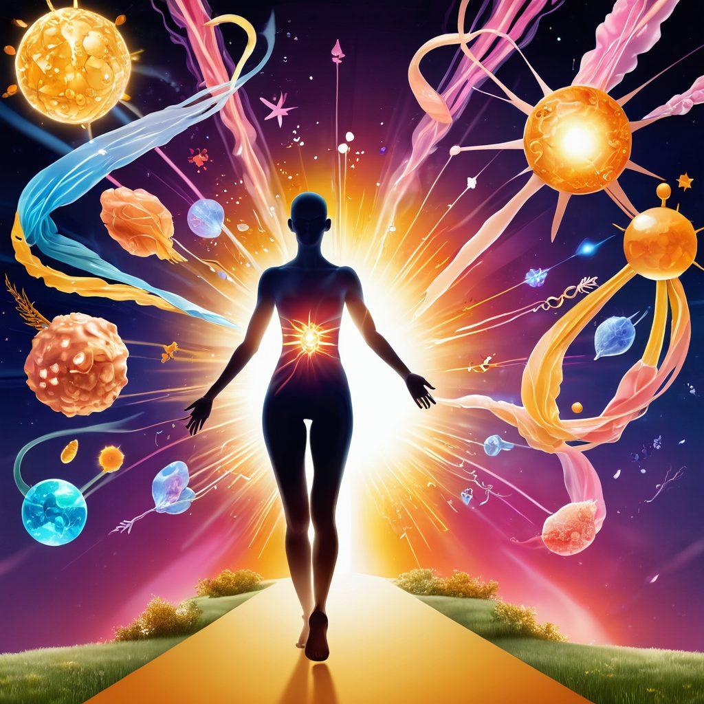 A collage of metaphoric illustrations depicting innovative cancer treatments: a vibrant chemotherapy infusion with flowing golden light, immune cells represented as colorful warriors, and a pathway lined with glowing clinical trial icons leading to a healthy figure in a serene environment. Incorporate a sense of hope and movement, emphasizing balance and wellness. vivid colors. super-realistic.