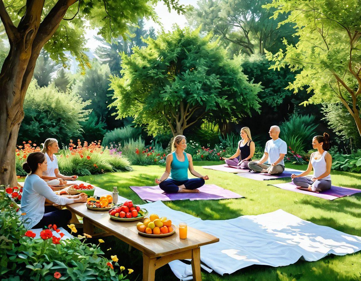 A serene scene depicting a tranquil garden where a diverse group of people practice yoga, surrounded by lush greenery and vibrant flowers. An inviting table in the foreground displays colorful, nutritious food options like fresh fruits and vegetables, symbolizing nutrition. Soft sunlight filters through the trees, enhancing the calming atmosphere. In the background, a supportive therapist offers advice to a patient, illustrating palliative care. watercolor painting. vibrant colors. peaceful atmosphere.