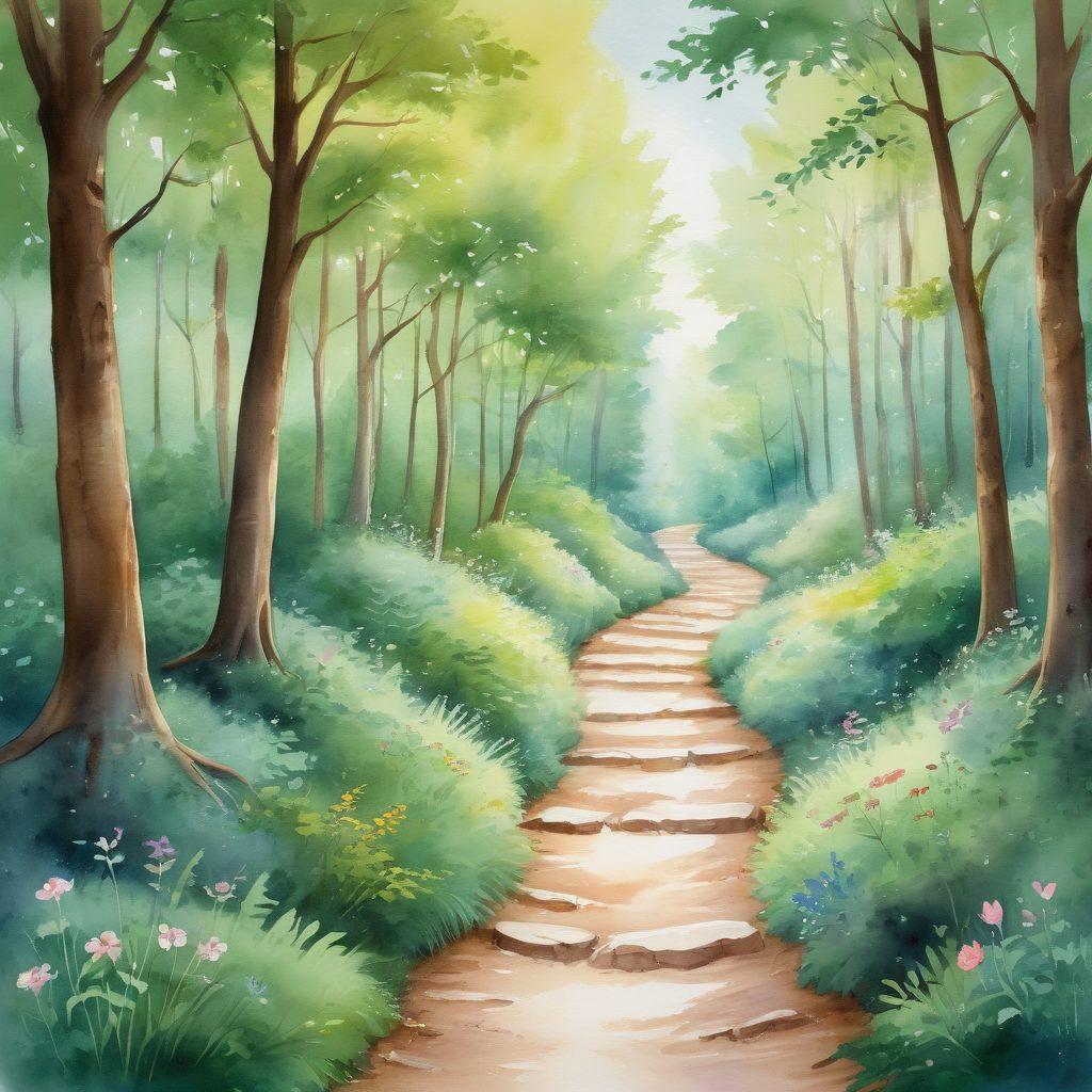 A serene pathway winding through a lush green forest, symbolizing the journey of cancer treatment. Alongside the path, illustrations of supportive hands, medical symbols, and hopeful professionals guiding patients. Gentle, soft light filtering through the trees to evoke a sense of hope and peace. Diverse individuals walking together, embodying unity and support. watercolor painting. vibrant colors.